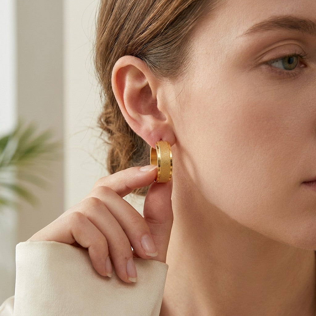 Aramat Jewels gold-tone stainless steel hoop earrings with sandblasted texture, 13mm or 20mm diameter.