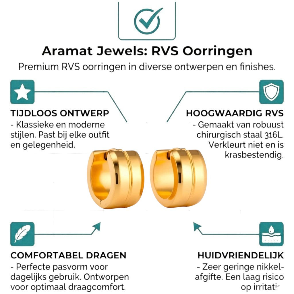 Aramat Jewels gold-colored stainless steel hoop earrings with a single stripe detail, 13mm diameter.