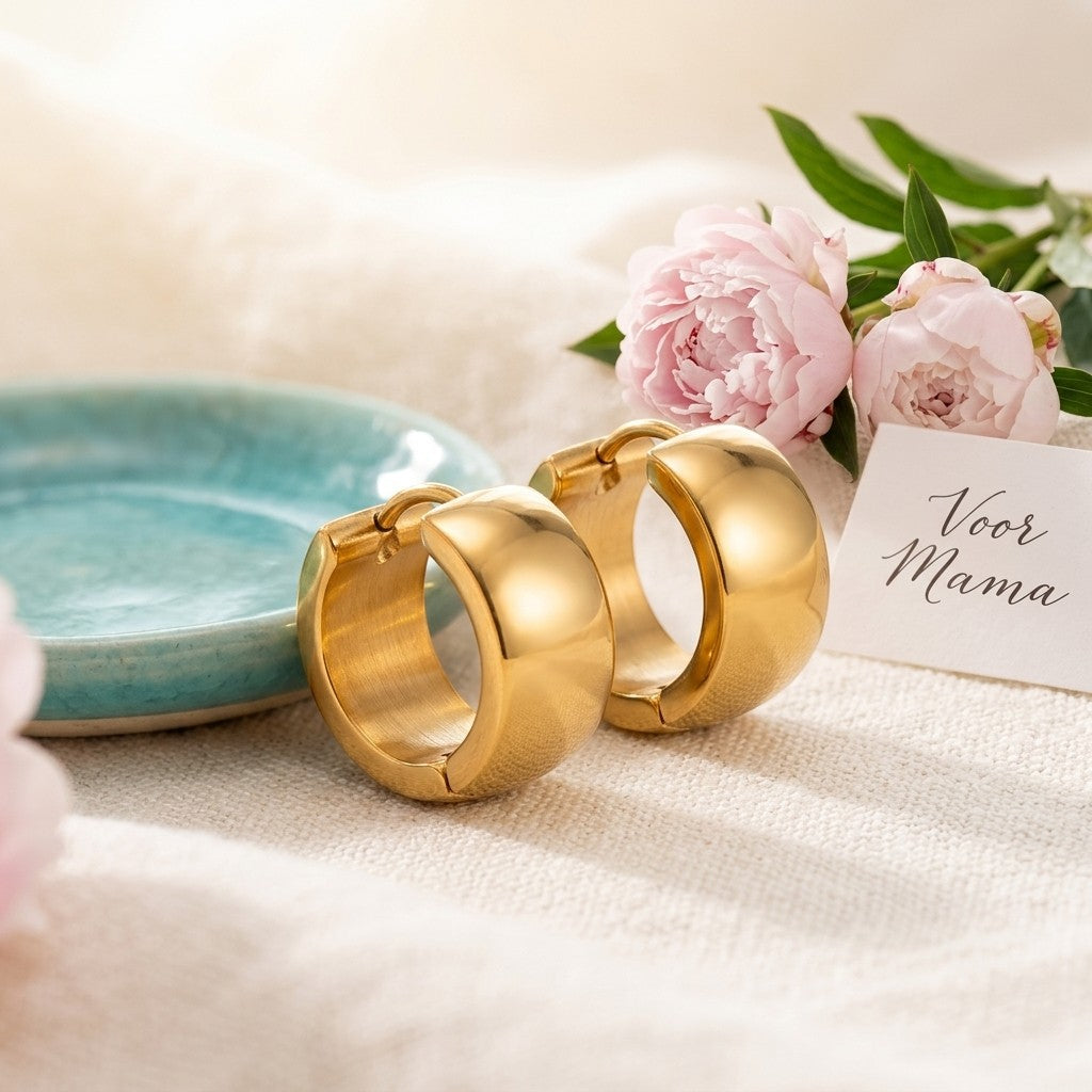 Aramat Jewels gold-colored stainless steel smooth hoop earrings, 13x7mm, with a polished finish, styled with pink peonies and a 'Voor Mama' card.