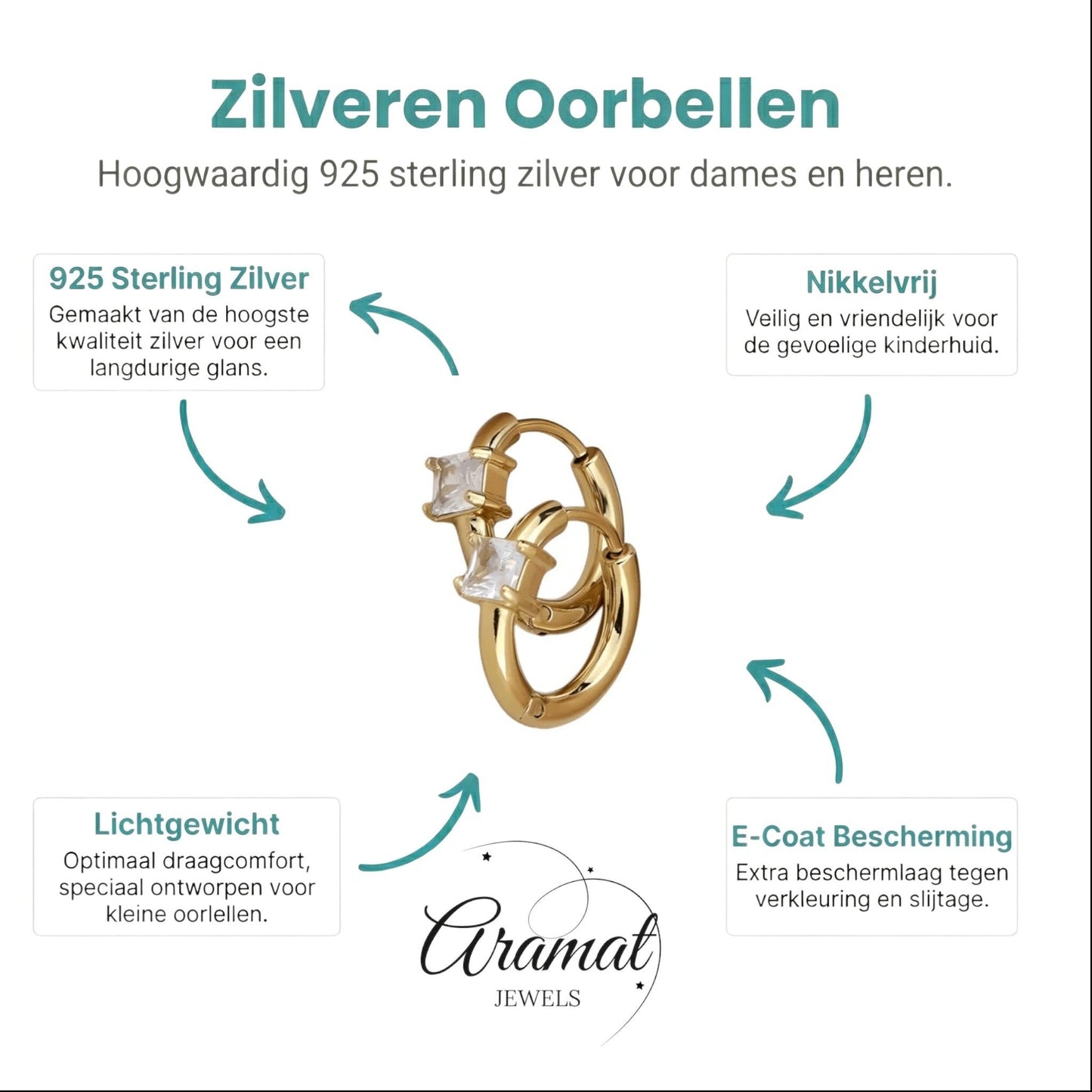 Aramat Jewels gold hoop earrings with two square clear cubic zirconia stones.