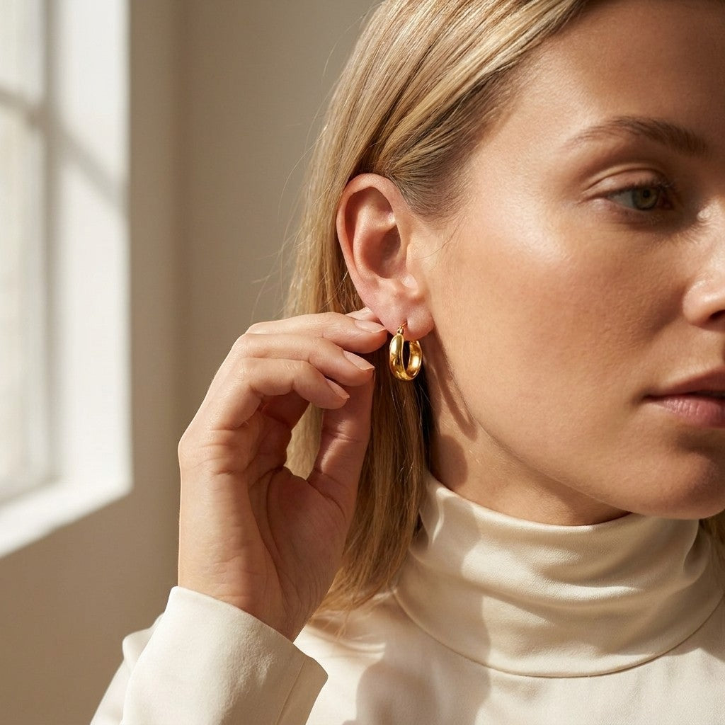 Aramat Jewels gold-tone stainless steel hoop earrings, 20mm diameter, smooth polished finish, worn by a blonde woman.