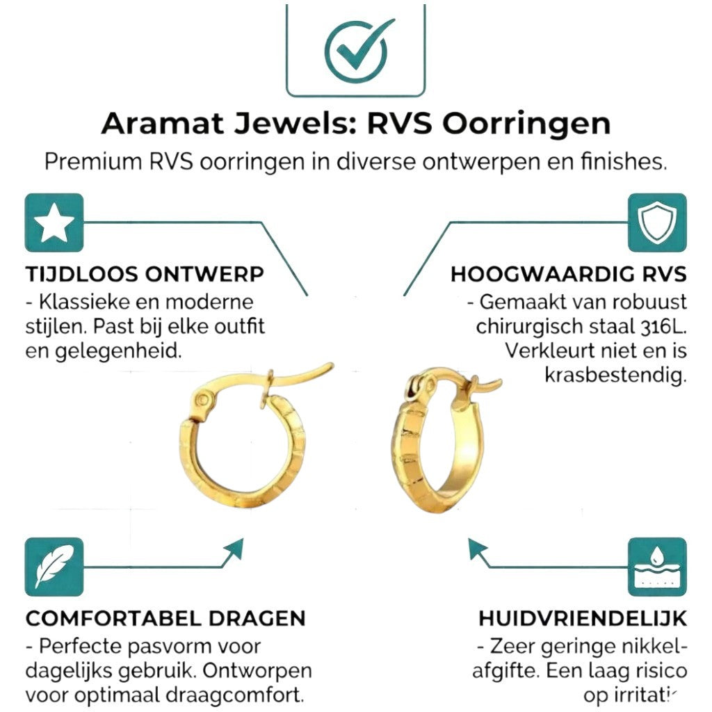 Aramat Jewels gold-tone stainless steel hoop earrings with a subtle stripe pattern, 10mm diameter.