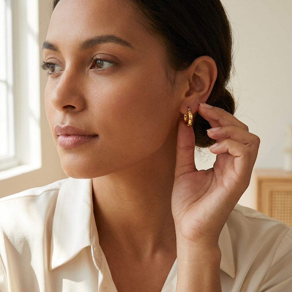 Aramat Jewels gold stainless steel hoop earrings with a stripe motif, 10mm diameter, worn by a woman.