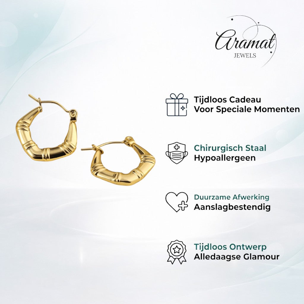 Aramat Jewels small gold-colored hoop earrings with a ribbed stripe pattern, 20mm diameter.