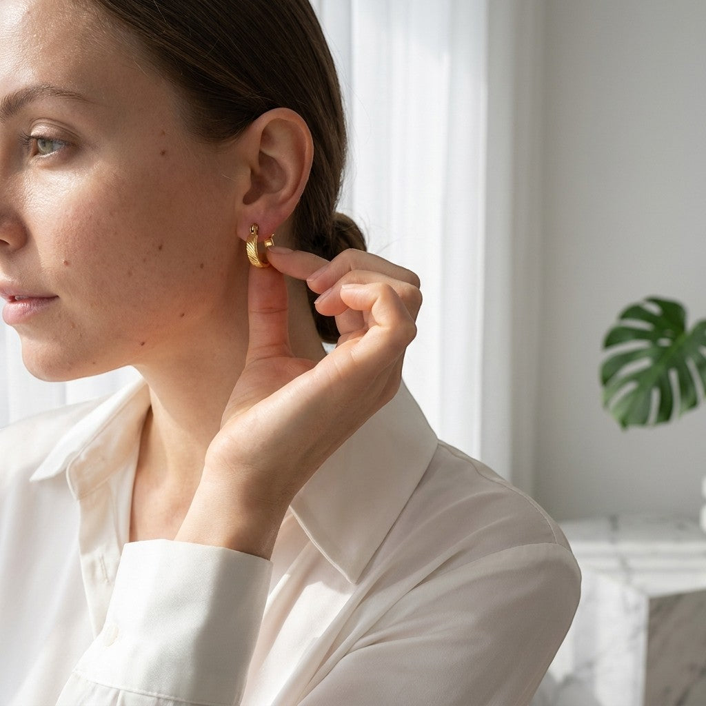 Aramat Jewels gold hoop earrings with a subtle stripe pattern, worn by a woman in a white shirt.