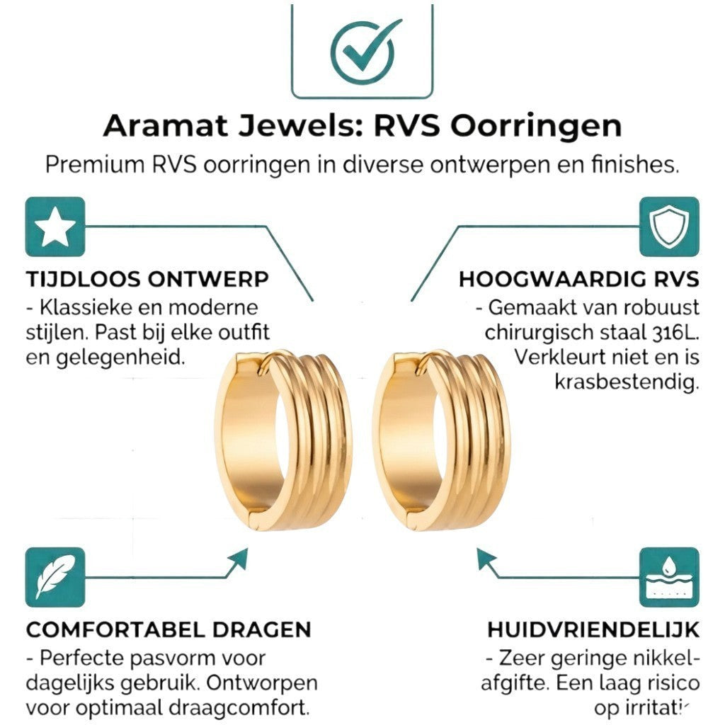 Aramat Jewels gold-tone stainless steel huggie hoop earrings with triple stripe detail, 13mm or 20mm diameter.