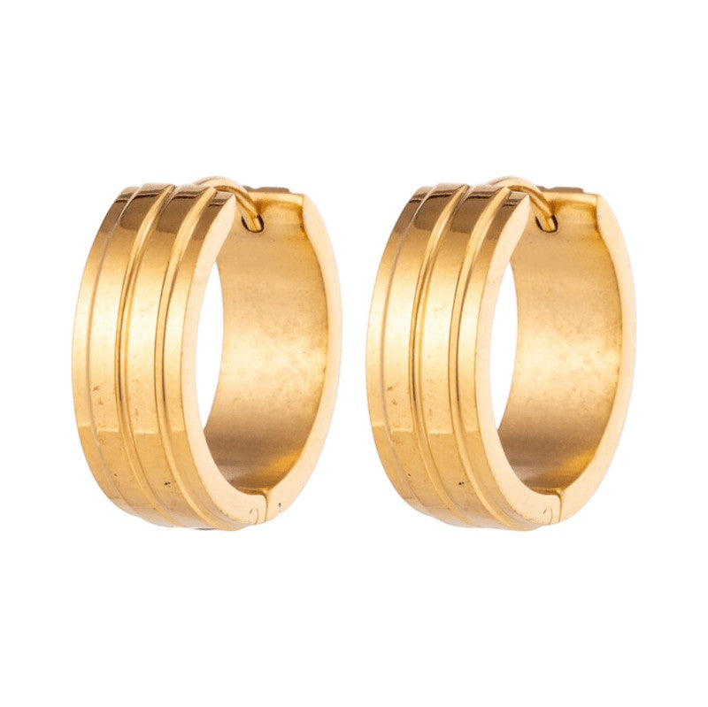 Aramat Jewels gold-tone stainless steel hoop earrings with two raised stripes, 20mm diameter.