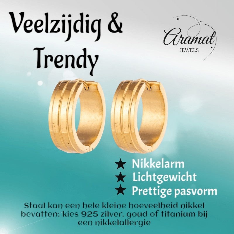 Aramat Jewels gold-tone stainless steel hoop earrings with double raised stripes, 20mm diameter.