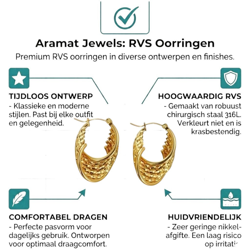 Aramat Jewels gold-tone stainless steel hoop earrings with a layered, textured design. Each earring appears to have six hoops.