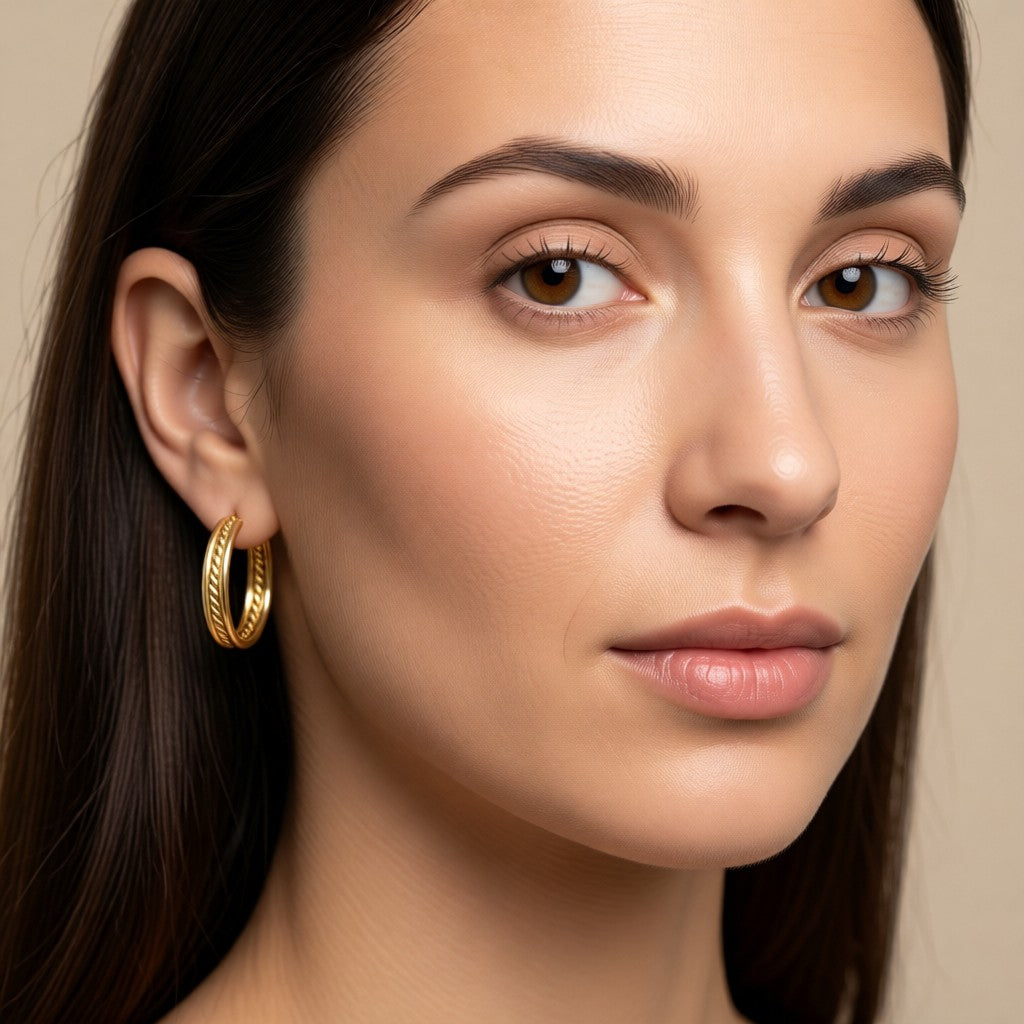 Aramat Jewels gold-tone stainless steel hoop earrings with twisted detail, 30mm diameter.