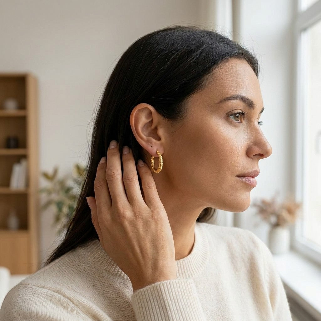 Aramat Jewels gold-tone twisted, diamond-cut stainless steel hoop earrings, 20mm diameter, worn by a woman.