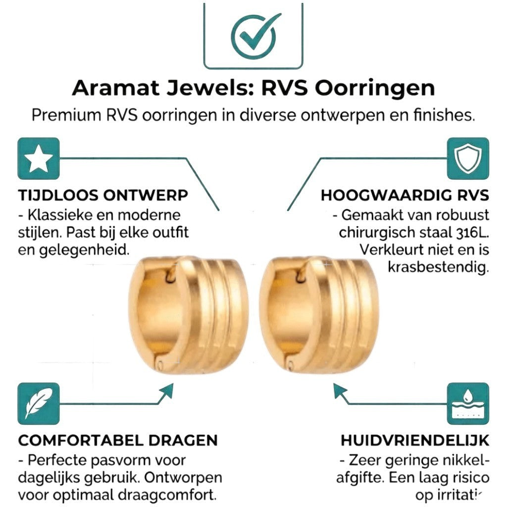Aramat Jewels gold-tone stainless steel hoop earrings with two raised stripes, 13mm diameter.