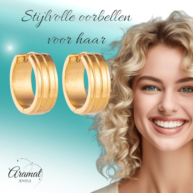 Aramat Jewels gold-tone stainless steel hoop earrings with two raised stripes, 20mm diameter.