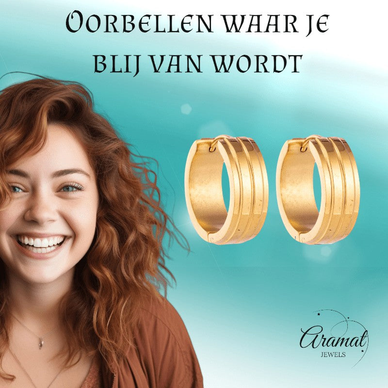 Aramat Jewels gold-tone stainless steel hoop earrings with two raised stripes, 20mm diameter.