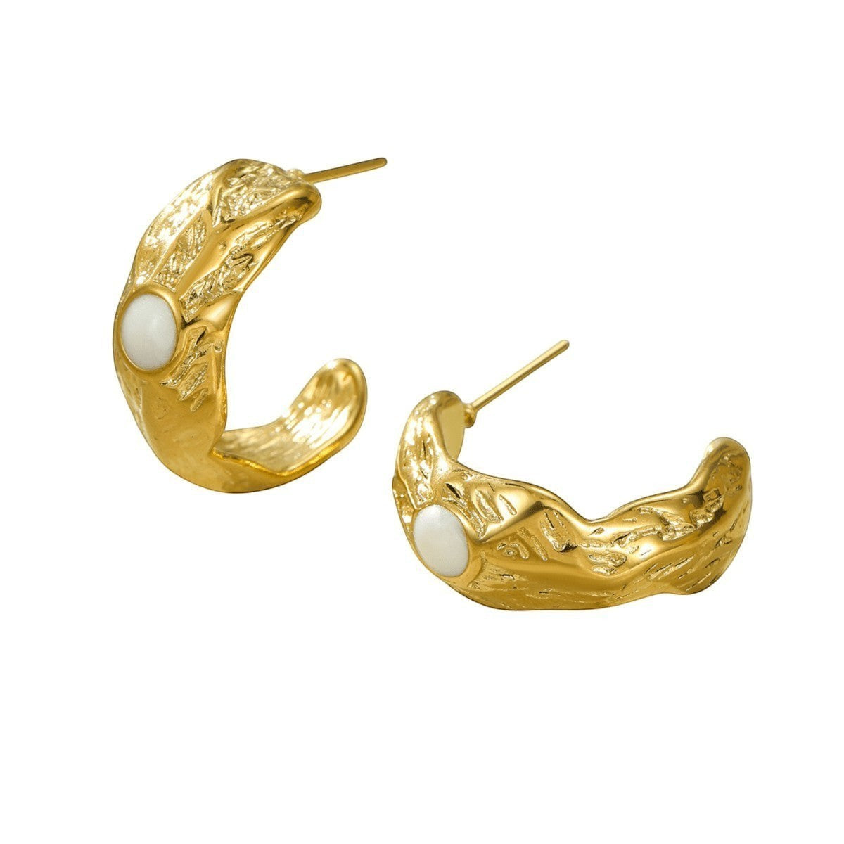 Aramat Jewels gold-tone hoop earrings with white enamel inlay and textured finish, 25x10mm