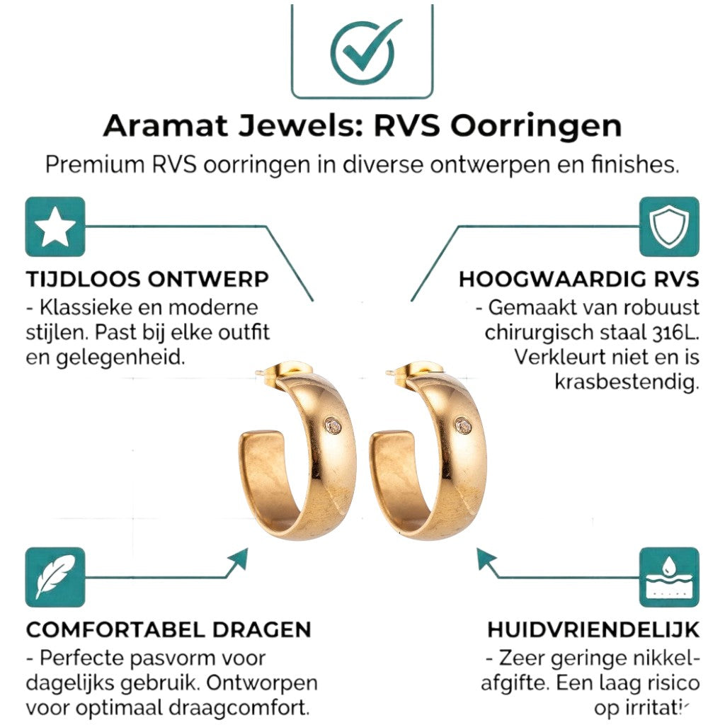 Aramat Jewels gold-tone stainless steel hoop earrings with a single clear zirconia accent. 23mm diameter, 7mm wide.