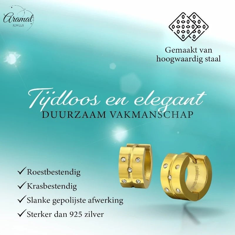 Aramat Jewels gold-colored stainless steel hoop earrings with 5 cubic zirconia stones each. Timeless and elegant design.