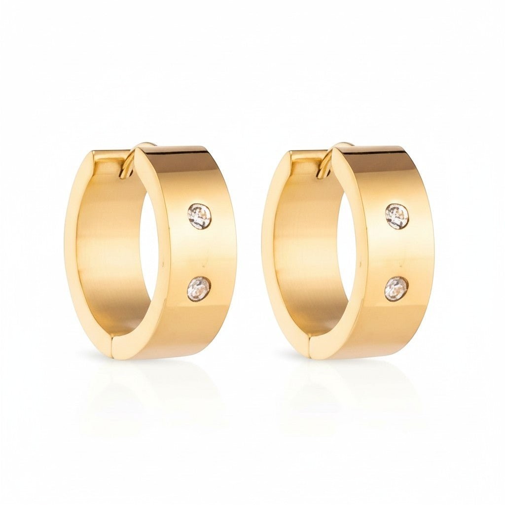Aramat Jewels gold-tone stainless steel hoop earrings with two clear cubic zirconia stones on each earring.