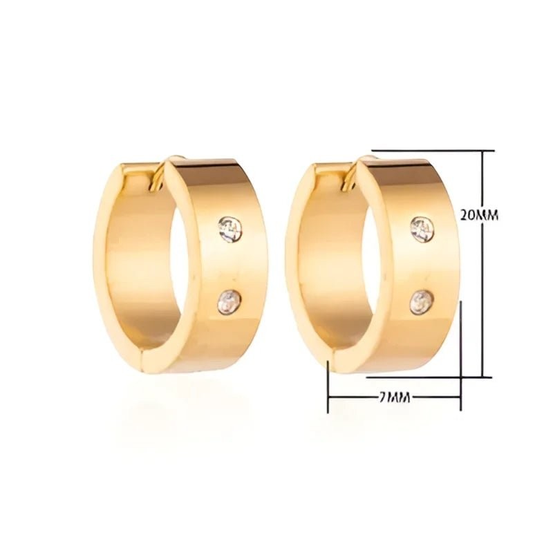 Aramat Jewels gold-tone stainless steel hoop earrings with two clear cubic zirconia stones, 20mm diameter, 7mm width.