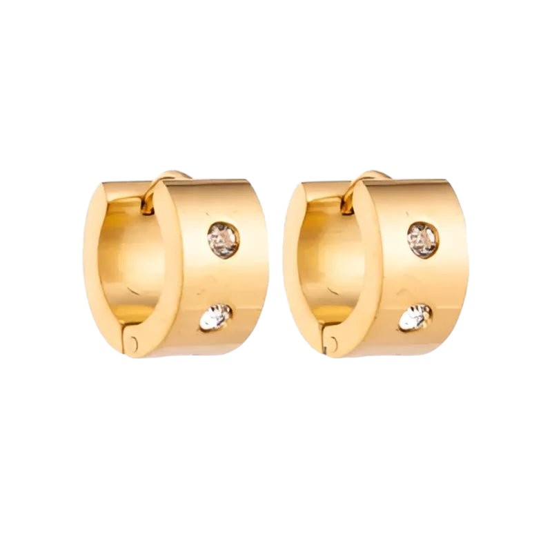 Aramat Jewels gold-tone stainless steel hoop earrings with two clear cubic zirconia stones, 13mm diameter, 7mm width.