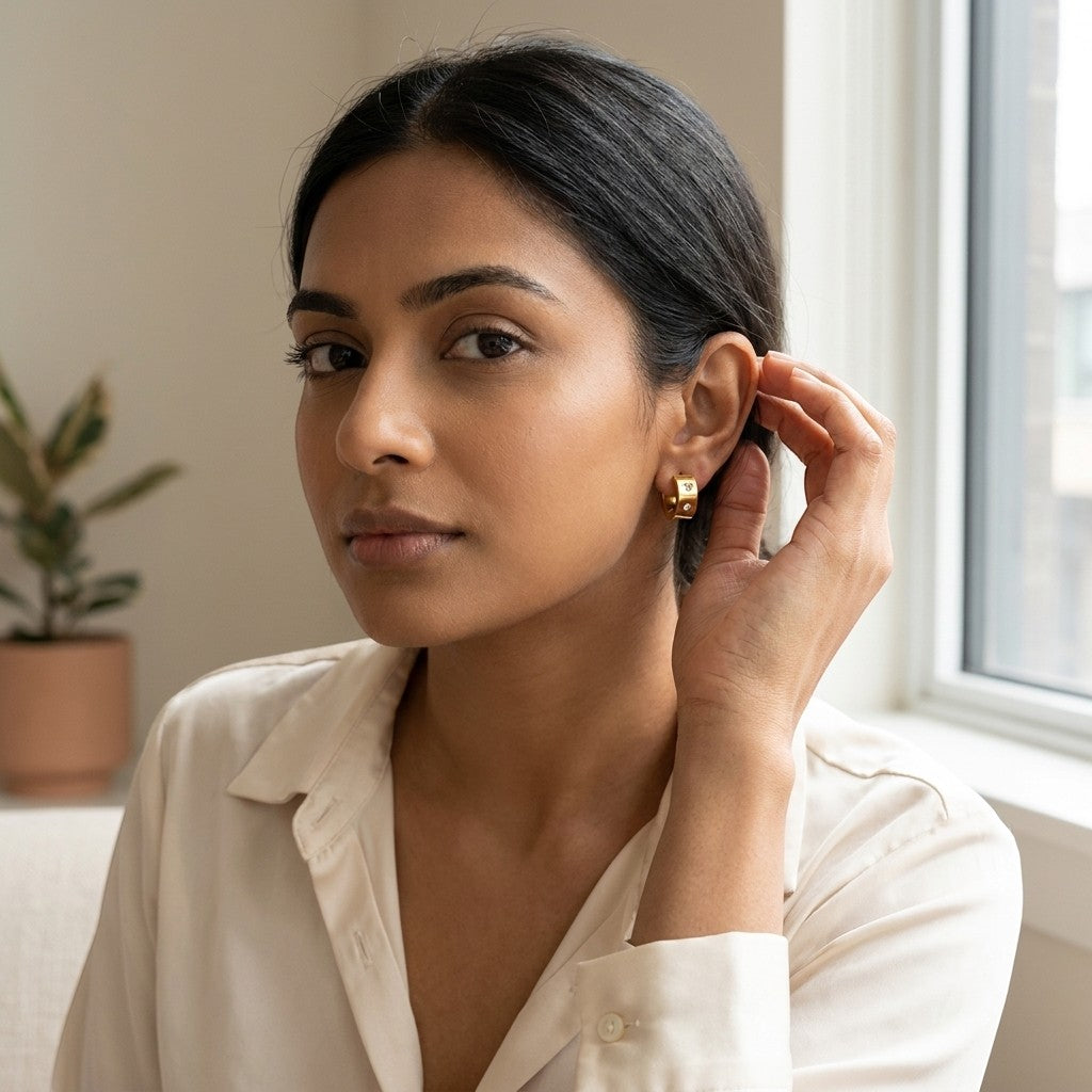 Aramat Jewels gold-tone stainless steel hoop earrings with double zirconia stones, 13mm or 20mm diameter.