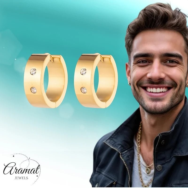 Aramat Jewels gold-tone stainless steel hoop earrings with two clear cubic zirconia stones, 13mm or 20mm diameter.