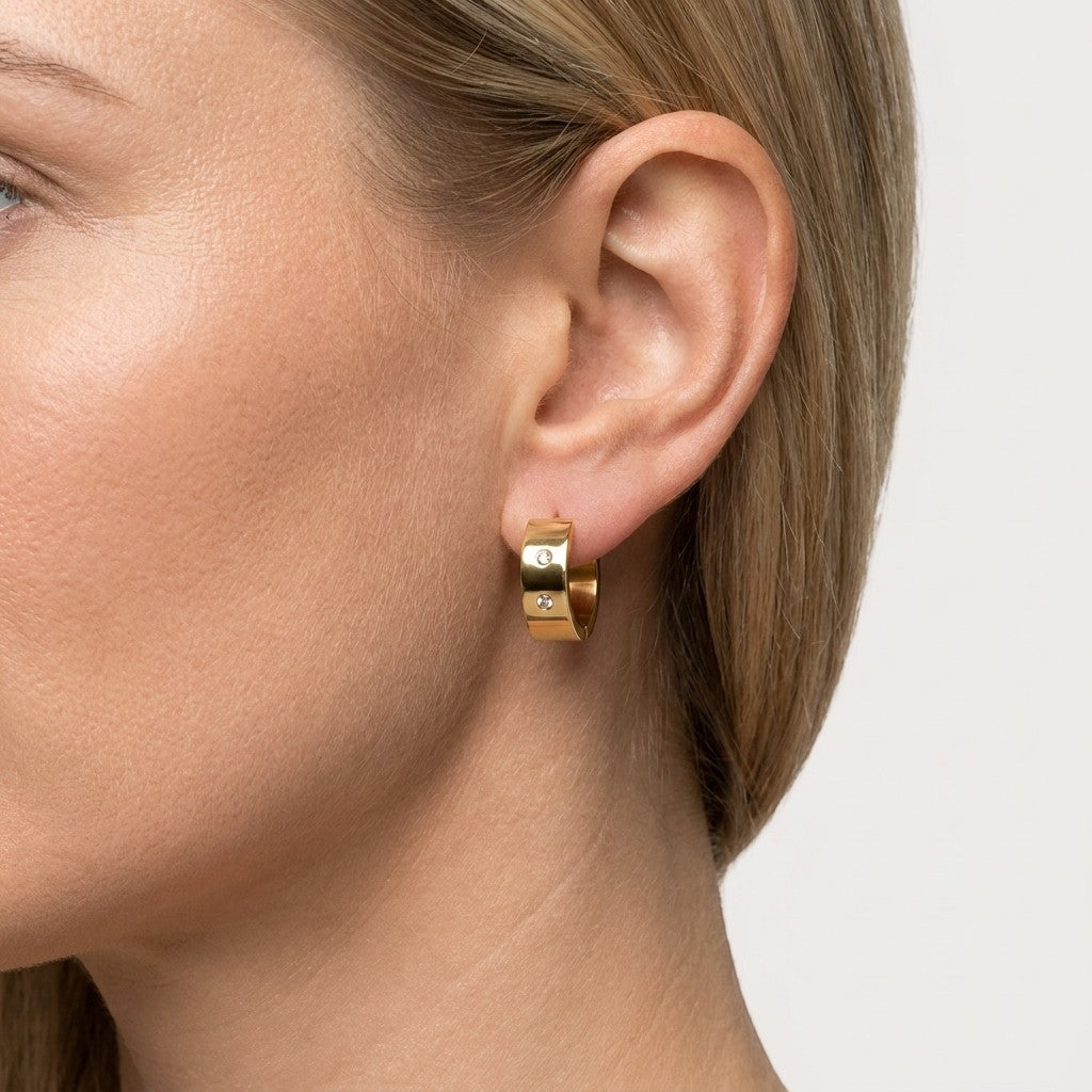 Aramat Jewels gold-tone stainless steel hoop earrings with double zirconia stones, 13mm or 20mm diameter.