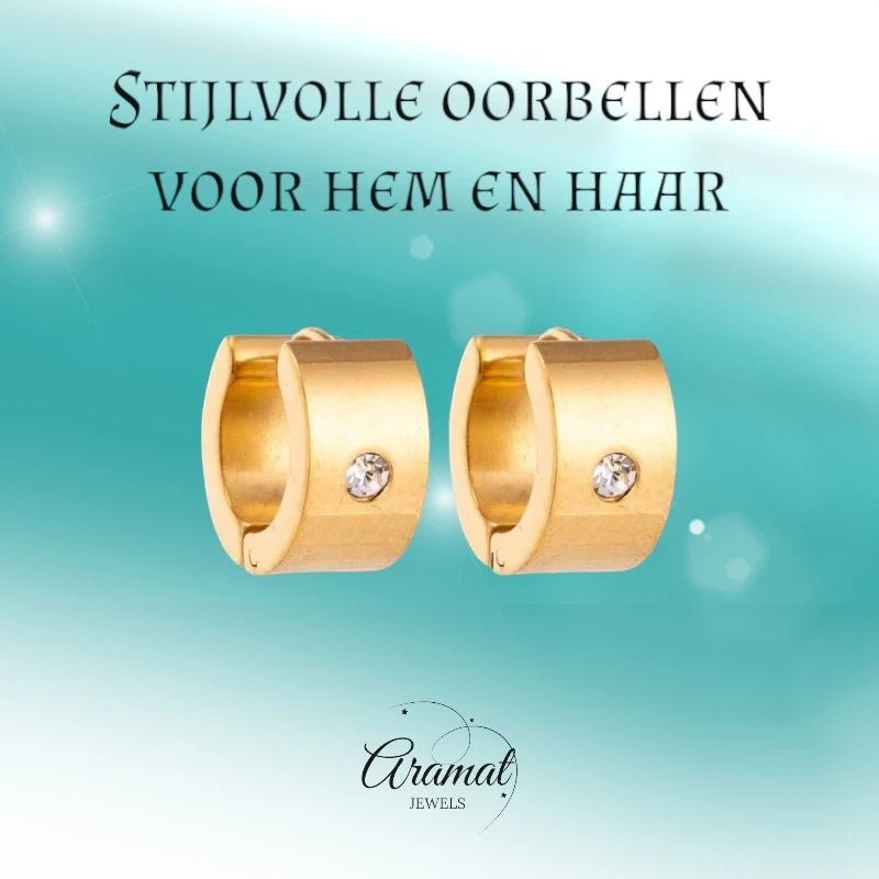 Aramat Jewels gold-colored wide stainless steel hoop earrings with a single clear cubic zirconia stone.