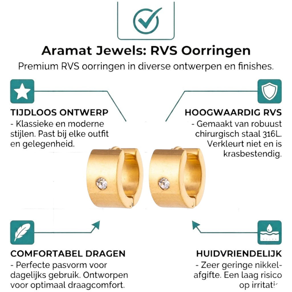 Aramat Jewels gold-colored wide stainless steel hoop earrings with a single clear cubic zirconia stone.