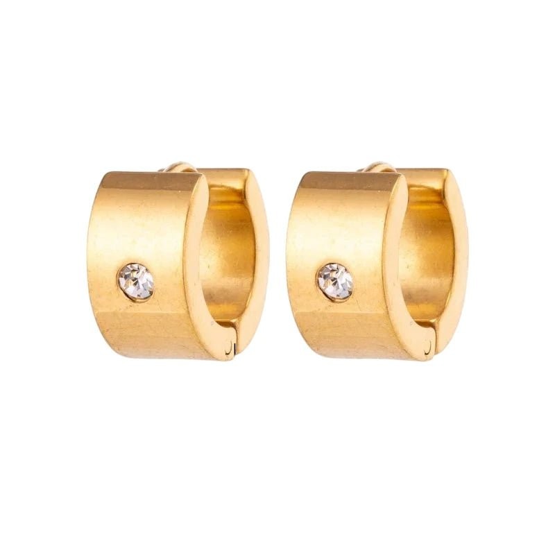 Aramat Jewels gold-colored wide stainless steel hoop earrings with a single clear zirconia stone.