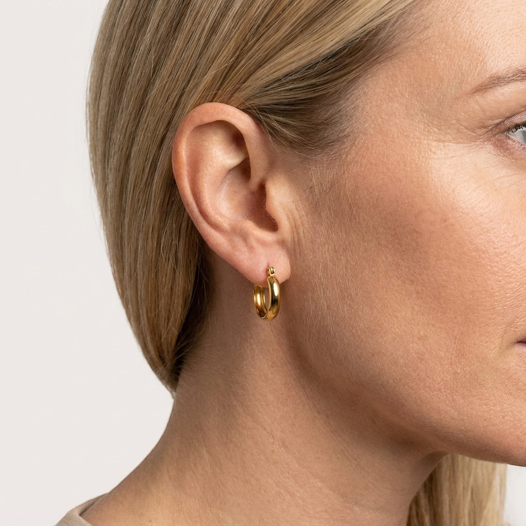 Aramat Jewels gold-tone stainless steel hoop earrings, 16mm, 20mm, or 25mm diameter, 4mm width, smooth polished finish, hinge clasp.