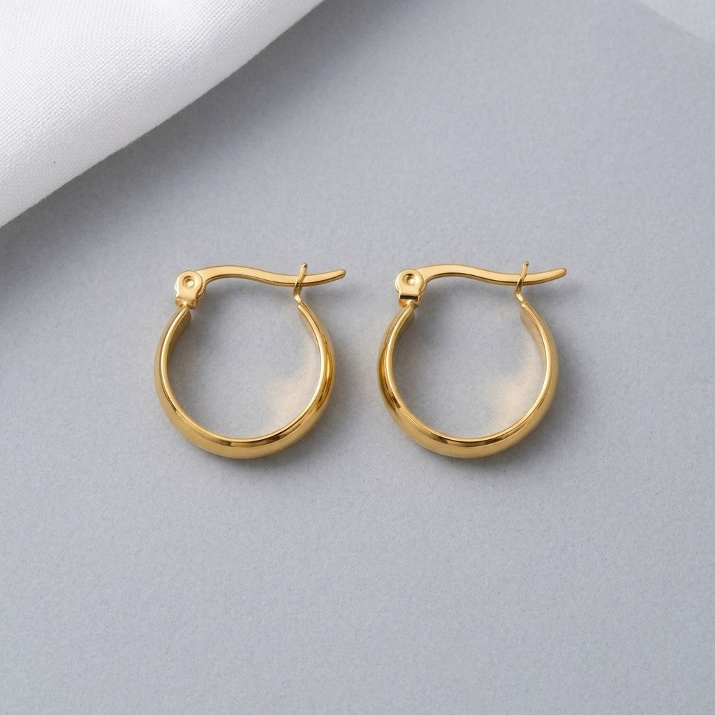 Aramat Jewels gold-tone stainless steel hoop earrings, 16, 20, or 25mm diameter, 4mm width, smooth finish, hinge clasp.
