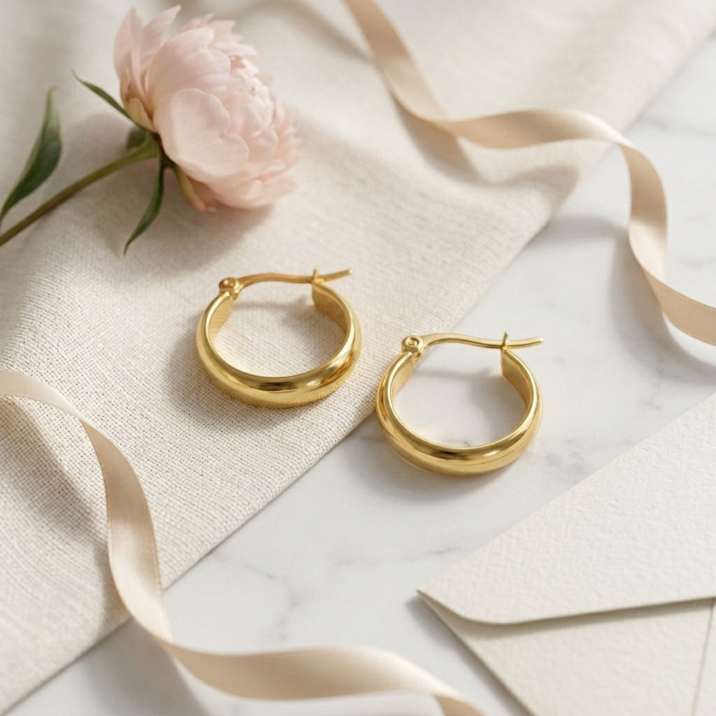 Aramat Jewels gold-tone stainless steel hoop earrings, 16mm, 20mm, or 25mm diameter, smooth polished finish, hinge clasp.