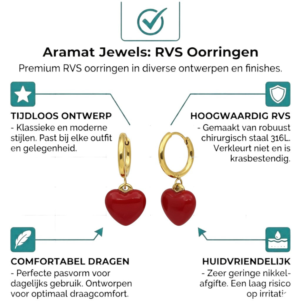 Aramat Jewels gold huggie hoop earrings with red enamel heart charms. Stainless steel with a hinge closure.