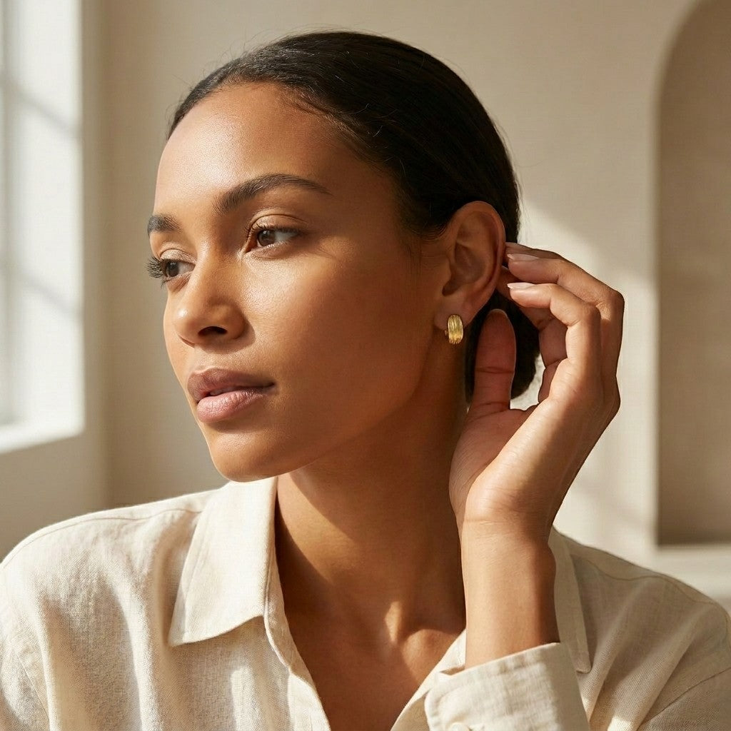 Aramat Jewels gold-plated stainless steel huggie hoop earrings with sandblasted stripes, worn by a model.