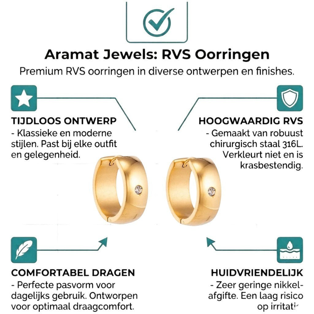 Aramat Jewels gold-tone stainless steel huggie hoop earrings with a single clear cubic zirconia stone.