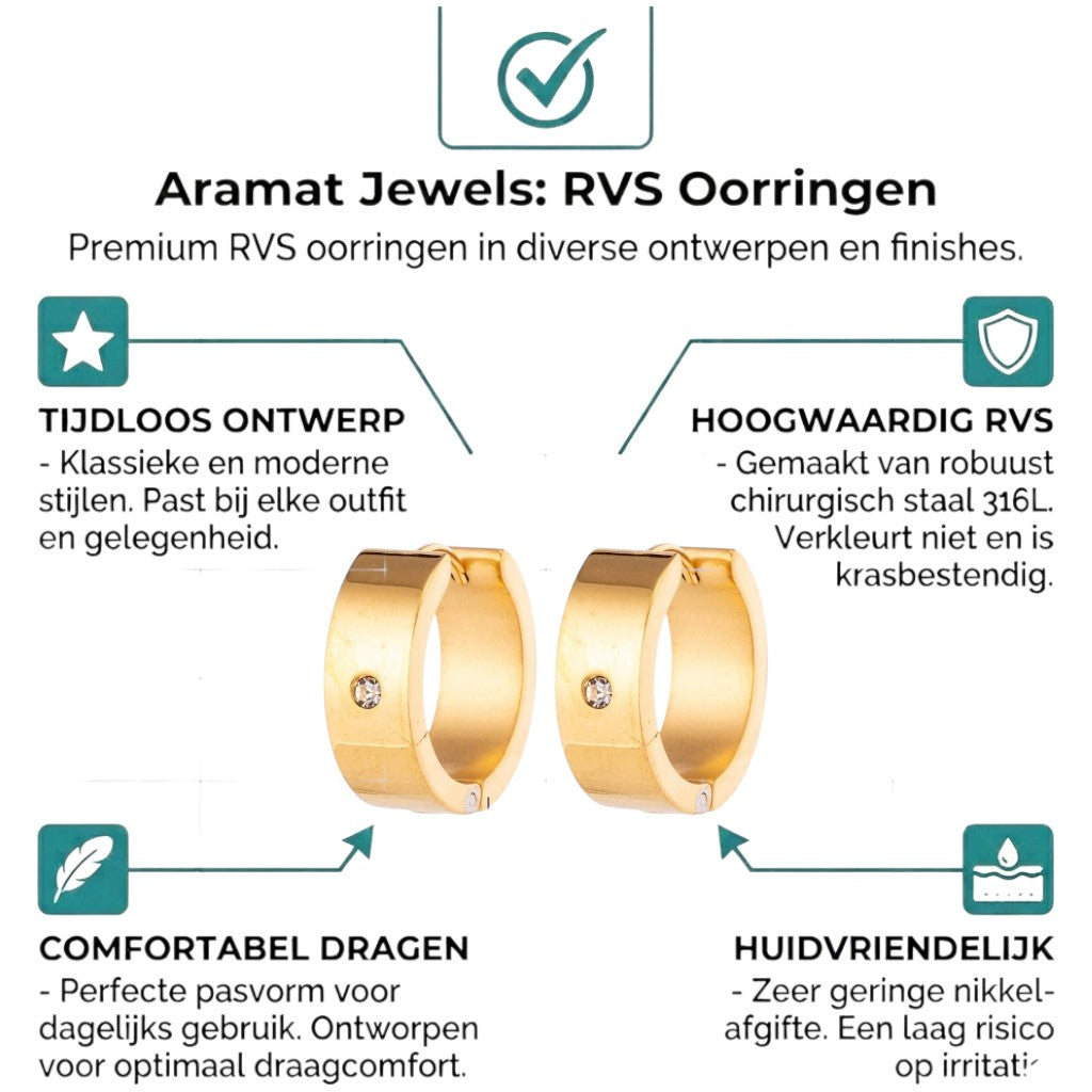 Aramat Jewels gold-tone stainless steel huggie hoop earrings with a single clear cubic zirconia stone.