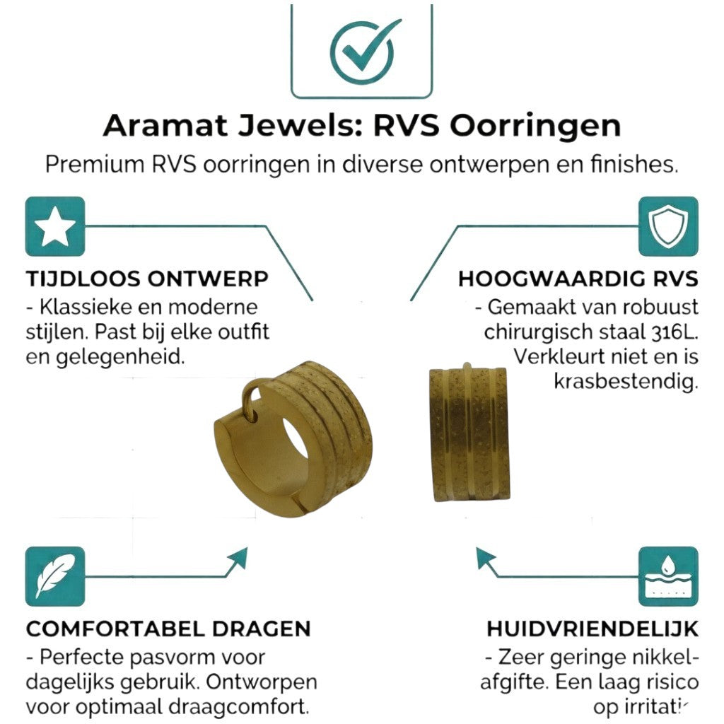 Aramat Jewels gold-plated stainless steel huggie hoop earrings with sandblasted stripes and a diamond-cut effect.