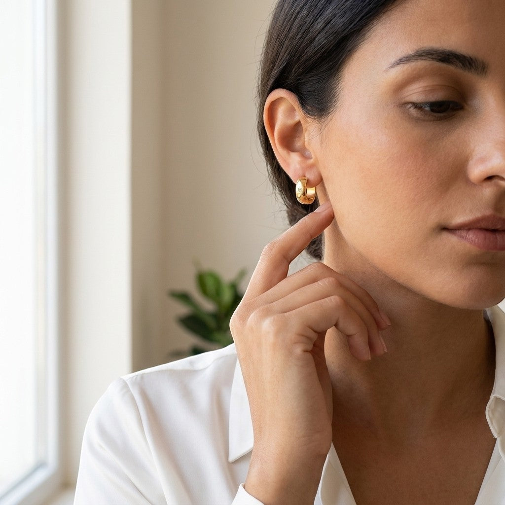 Aramat Jewels gold-tone stainless steel huggie hoop earrings with a central cubic zirconia stone, worn by a woman.