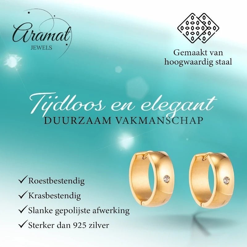 Aramat Jewels gold-colored stainless steel huggie hoop earrings with a central cubic zirconia stone. Sleek polished finish.