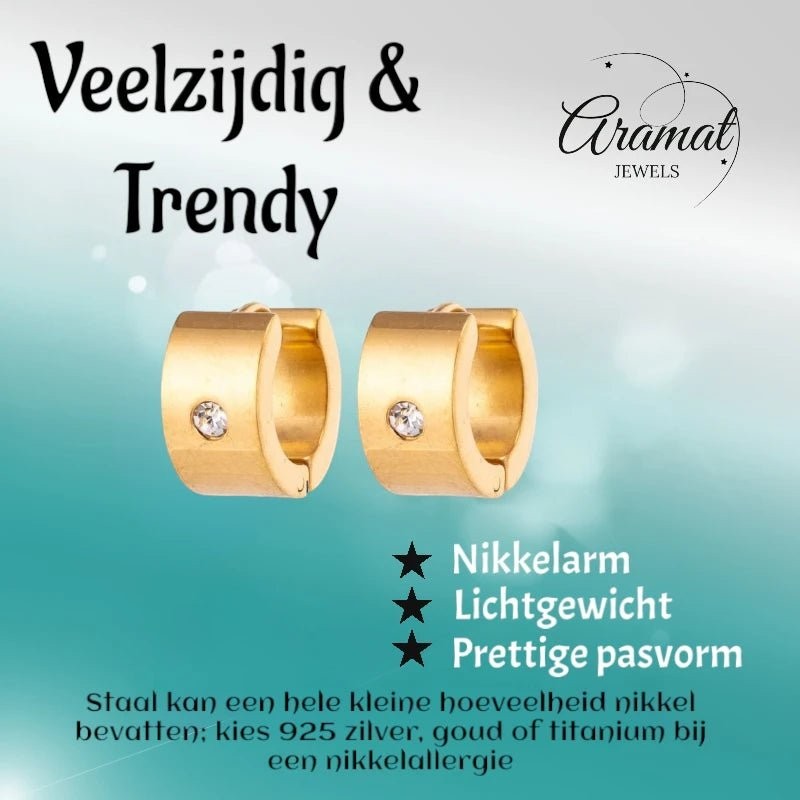 Aramat Jewels wide gold-tone stainless steel huggie hoop earrings with a single clear cubic zirconia stone.