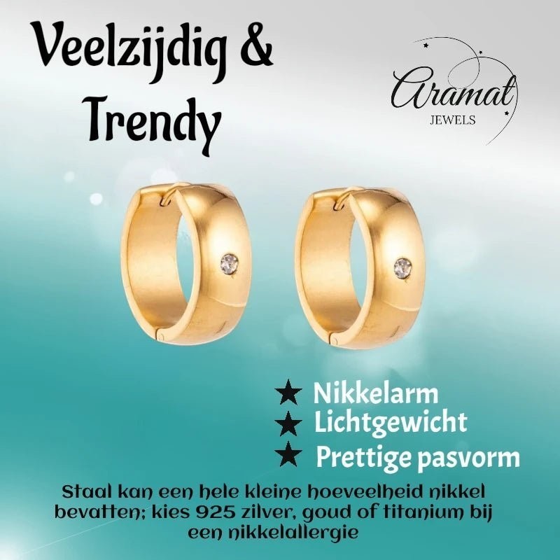 Aramat Jewels gold-colored stainless steel huggie hoop earrings with a central cubic zirconia stone.