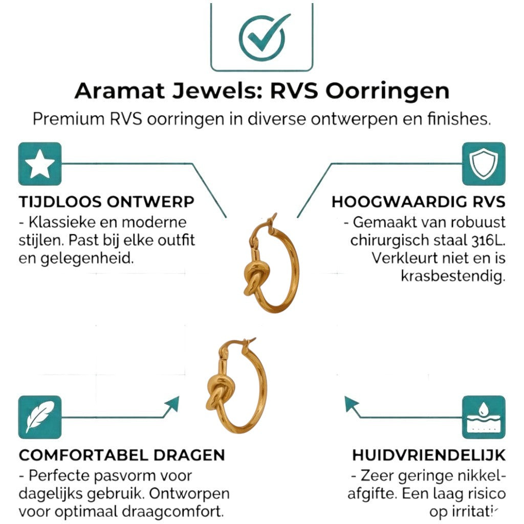 Aramat Jewels gold-tone stainless steel hoop earrings with knot detail, 20x22mm, featuring a hinge closure.