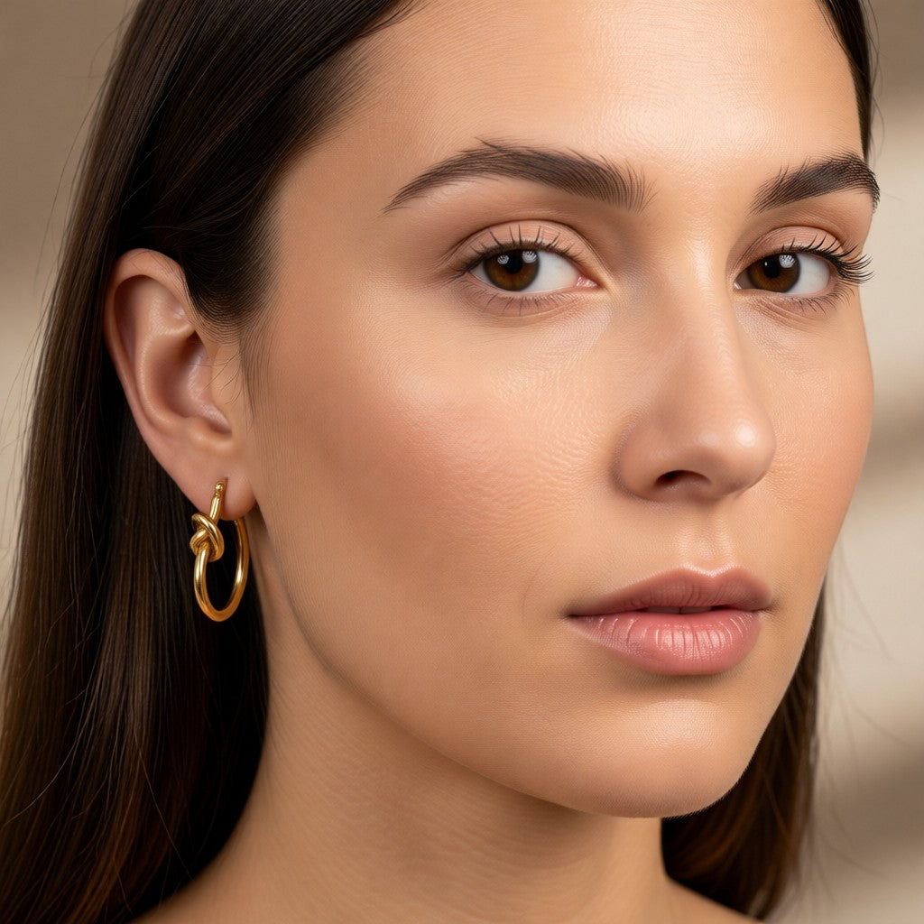 Aramat Jewels gold-tone stainless steel hoop earrings with a knot detail, 25mm diameter.