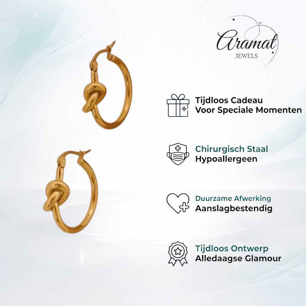 Aramat Jewels gold-tone stainless steel hoop earrings with knot detail, 20x22mm, featuring a hinge closure.