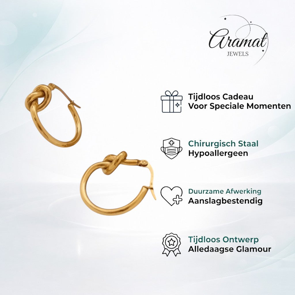 Aramat Jewels gold-tone stainless steel hoop earrings with a knot detail, 25mm diameter.