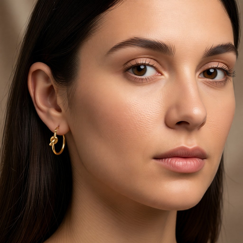 Aramat Jewels gold-tone stainless steel hoop earrings with a knot detail, 20x22mm, worn by a model.