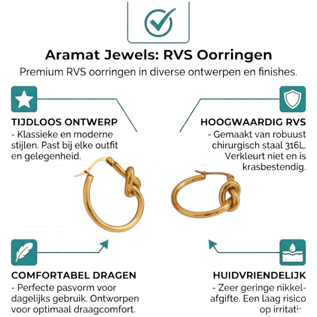 Aramat Jewels gold-tone stainless steel hoop earrings with a knot detail, 25mm diameter.