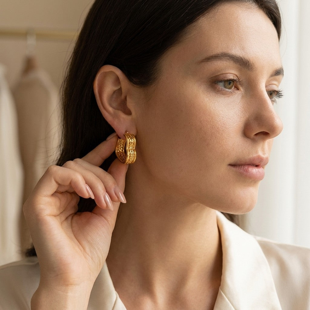 Aramat Jewels gold-tone stainless steel hoop earrings with intricate leaf pattern, 25x22mm, worn by a woman.
