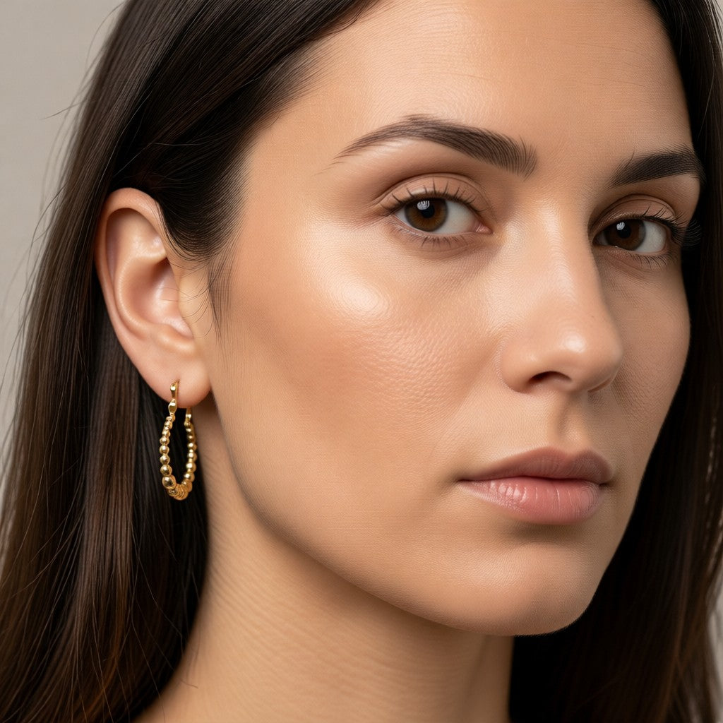 Aramat Jewels gold oval hoop earrings with beaded design, 25x20mm, made of stainless steel.
